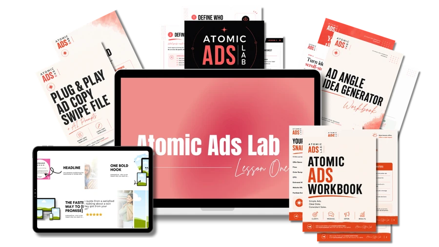 Atomic Ads Lab lessons, workbook, angle generator, ad swipes, and mockup templates