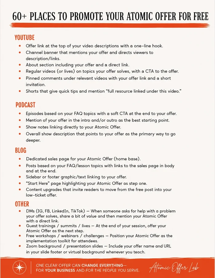 Places to promote your Atomic Offer: YouTube, podcast, and blog