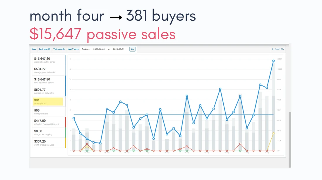 Dashboard showing Month Four: 381 buyers, $15,647.80 in gross sales